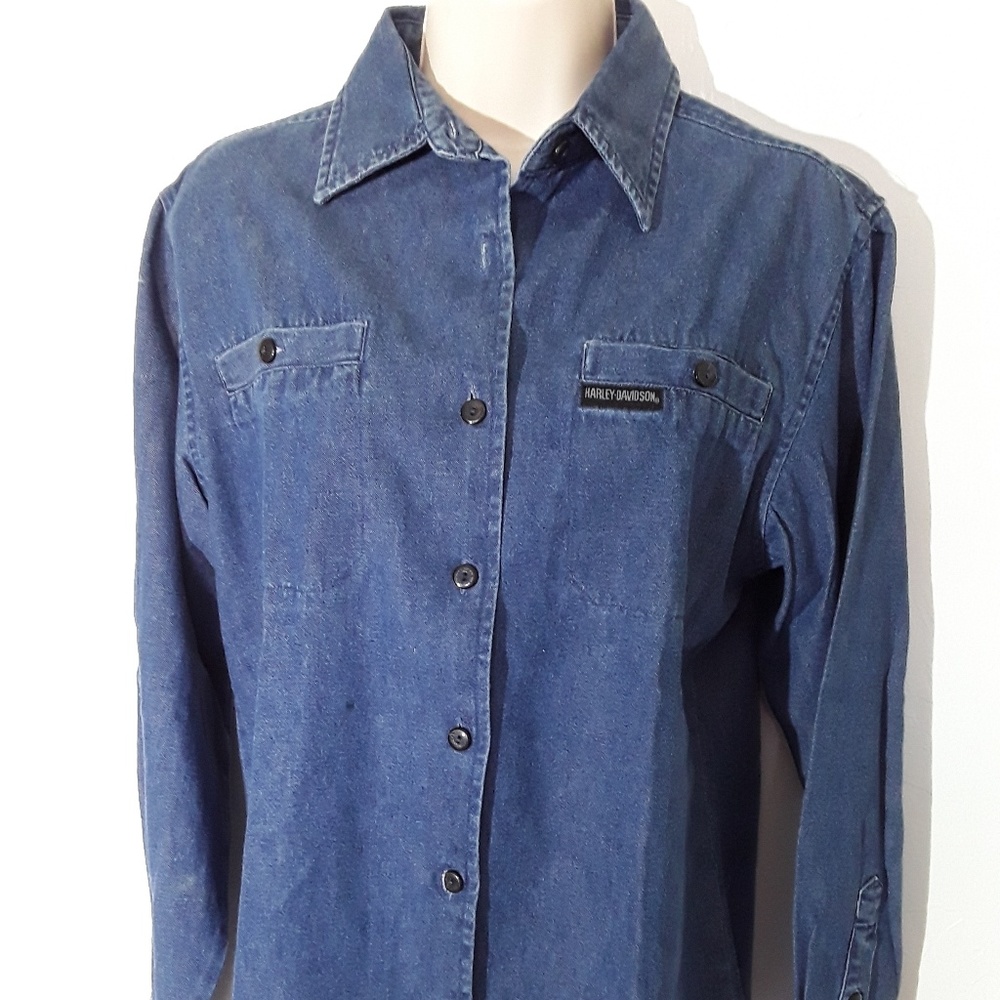 Harley Davidson women top denim shirt long sleeve button down blue size S